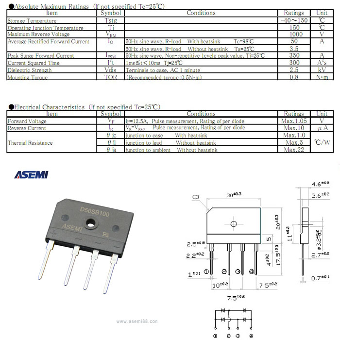 ASEMI D50SB100 thermal performance increased